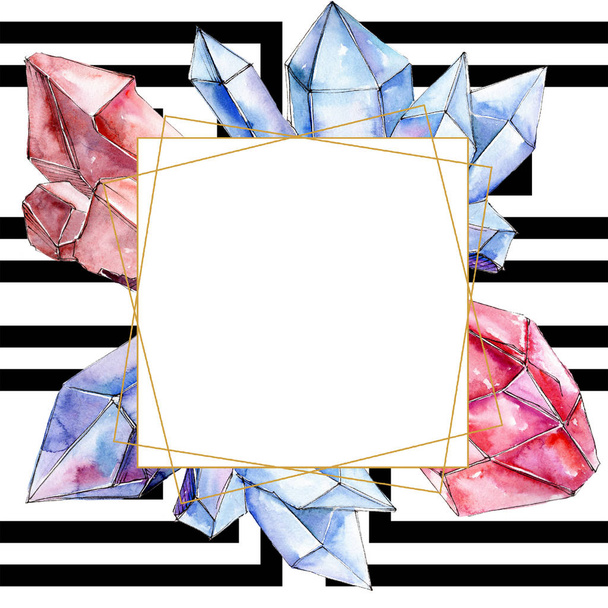 Red and blue diamond crystal mineral. Frame border ornament square. Watercolor geometric polygon crystal stone. - 写真・画像