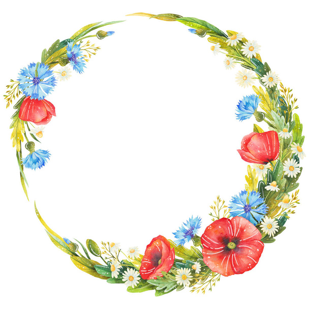 Flower wreath in watercolor style. Beautiful watercolor wreath with poppies, cornflowers, daisies and wild herbs. Flower composition for greeting cards, invitations and other printed materials. - Фото, зображення