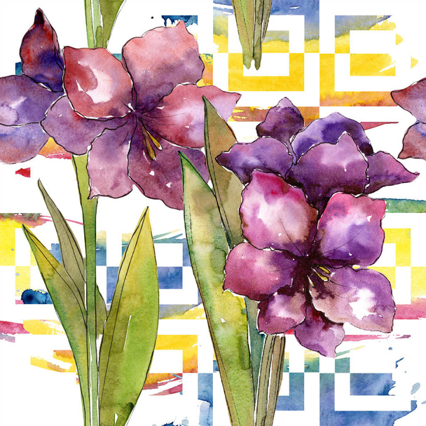 Purple amaryllis flower. Watercolor illustration set. Seamless background pattern. Fabric wallpaper print texture. - Fotó, kép