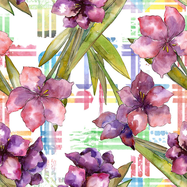 Purple amaryllis flower. Watercolor illustration set. Seamless background pattern. Fabric wallpaper print texture. - Valokuva, kuva