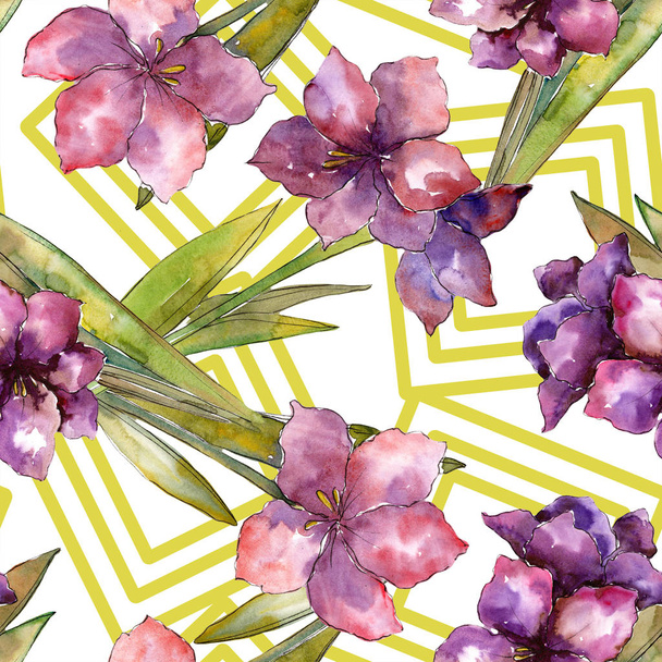Purple amaryllis flower. Watercolor illustration set. Seamless background pattern. Fabric wallpaper print texture. - Fotografie, Obrázek