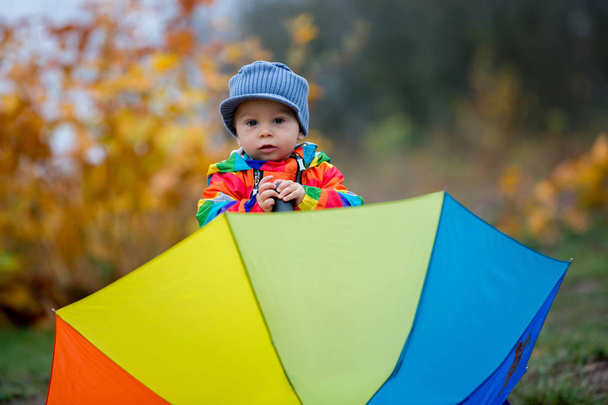 Sweet funny child with rainboy coat and multicolored umbrella jumping on puddles iand playing outdoors after rain - Foto, Bild