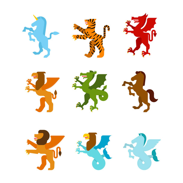 Heraldic animal set. Fantastic Beast. Monster for coat of arms. Heraldry design element. Unicorn, tiger and dragon. Horse, winged lion and griffin. Hippocampus and Sea griffin.  - Vector, Image