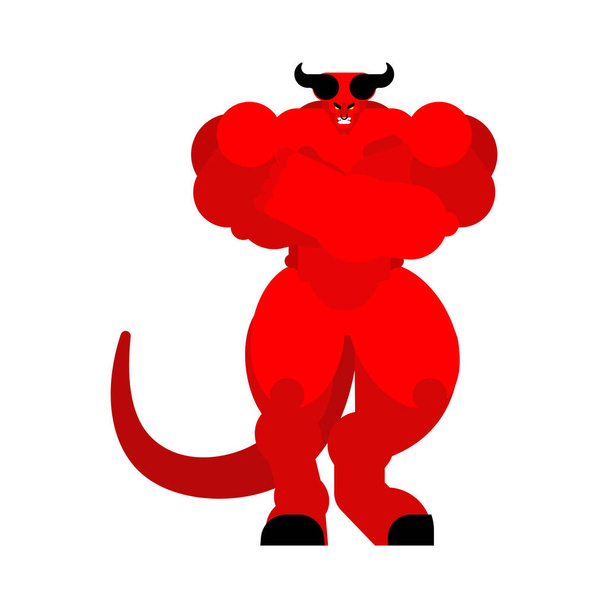 Diabeł jest silny. Czerwony demon na duże. Rogaty szatana. Zły Asmodeus ilustracji wektorowych. Potężny Belzebub władca ciemności. Lucyfer twardy szef hel - Wektor, obraz