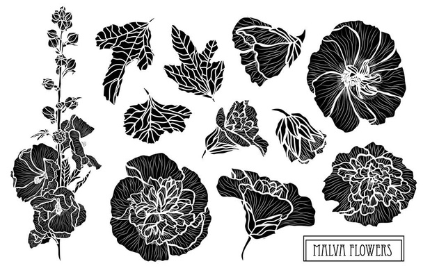 Decorative malva flowers set, design elements. Can be used for cards, invitations, banners, posters, print design. Floral background in line art style - ベクター画像