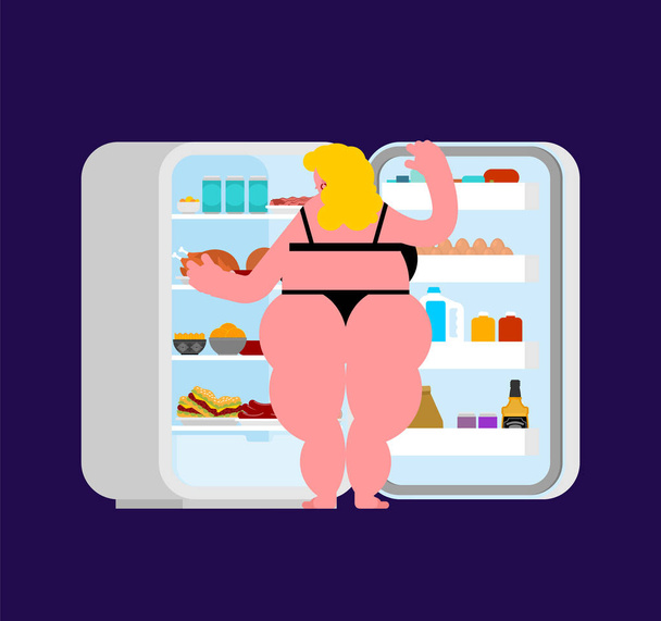 オープン冷蔵庫夜と太った女性。食品のシルエット。食いしん坊の冷蔵庫 - ベクター画像