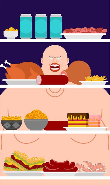 冷蔵庫の夜を開くし、太った男。食品のシルエット。食いしん坊の冷蔵庫 - ベクター画像