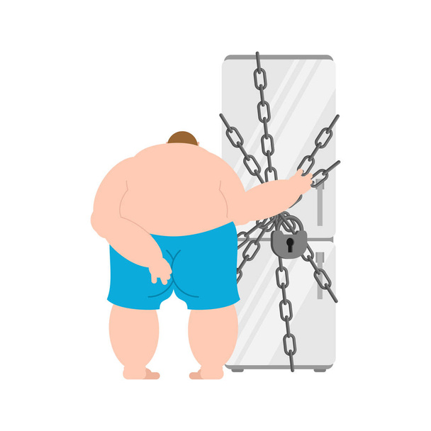 Closed refrigerator chain and fat man. Large padlock. Stop food eating. Glutton prohibite - Vector, Image