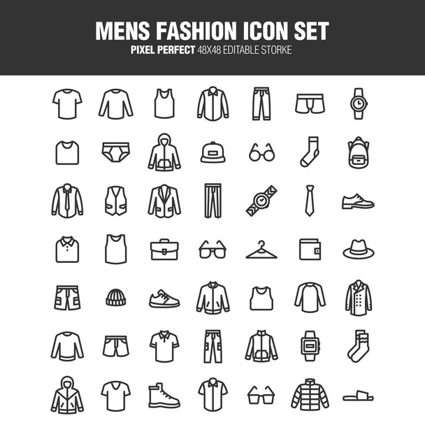 Es un conjunto de iconos sobre la moda masculina. Este contenido proporciona ropa, mercadería general, etc. Un derrame cerebral. 48x48 píxeles perfecto
. - Vector, imagen