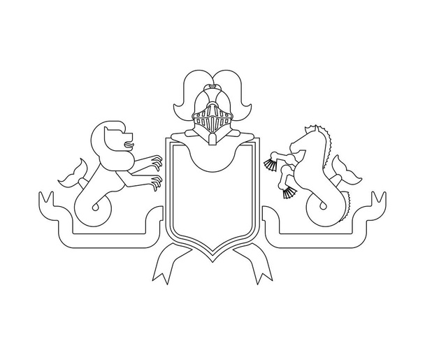 Heraldiek Shield zeeleeuw en Hippocampus en ridder helm. Fabeldieren. Sjabloon heraldiek ontwerpelement. Wapen van Koninklijke famil - Vector, afbeelding