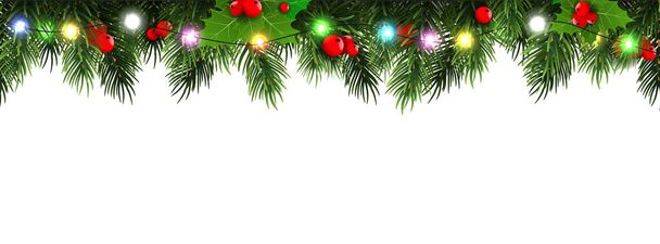Marco horizontal de borde navideño con ramas de abeto, conos de pino, bayas y luces. Ilustración vectorial
. - Vector, imagen