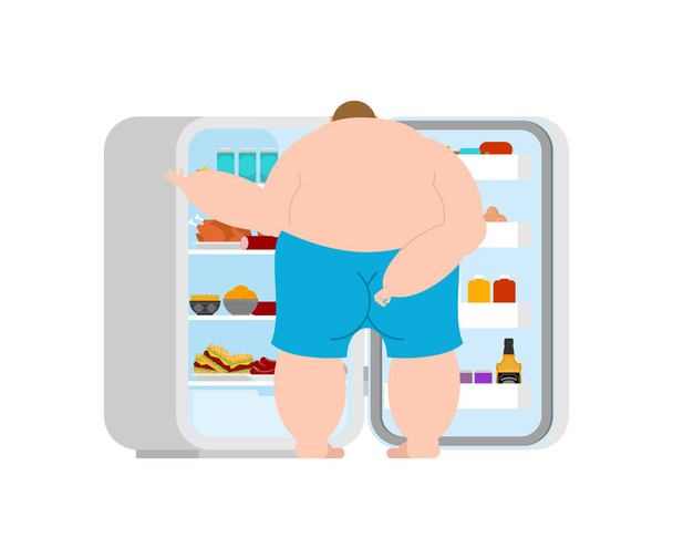 Open fridge And fat man. lot of food. Refrigerator for glutton - Vector, Image