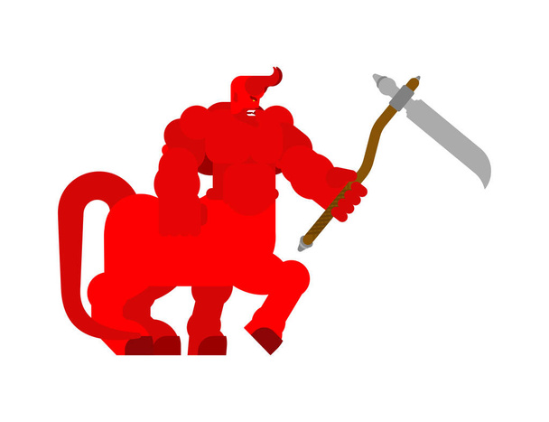 Demon centaur with scythe. Horned Satan. Powerful Beelzebub lord of darkness. hard Lucifer boss hell. Strong Angry Asmodeus. Red Devil big. - Vector, Image