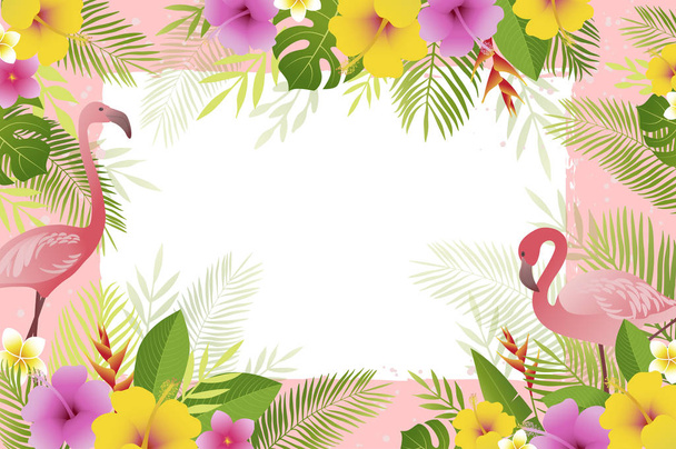Summer frame with flamingo, palm leaves and tropical flowers. Vector floral banner template. - Vektor, kép