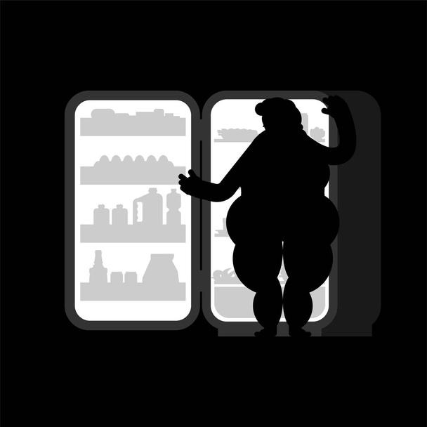 V noci otevřené lednice a tlustá žena. Jídlo silueta. Lednice pro žrout - Vektor, obrázek