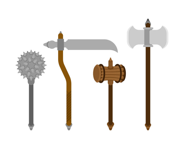 Παλιό Μεσαιωνικό όπλο σύνολο. Mace όπλο Morgenstern και τσεκούρι μάχης. Βαριοπούλα για πολεμιστές. ξύλινο σφυρί και Scyth - Διάνυσμα, εικόνα