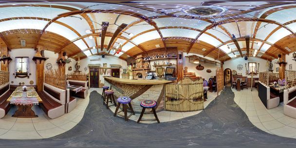 MOGILEV, BELARUS - APRIL 22, 2012: Full 360 panorama in equirectangular spherical projection of cafe in vintage folk style. - Photo, Image