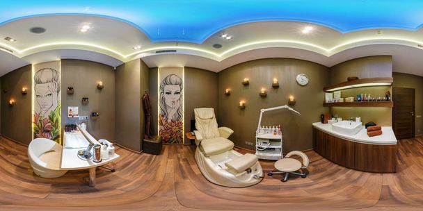 MINSK, BELARUS - DECEMBER 5, 2013: Full 360 panorama in equirectangular spherical projection in stylish beauty saloon. Photorealistic VR content - Photo, Image