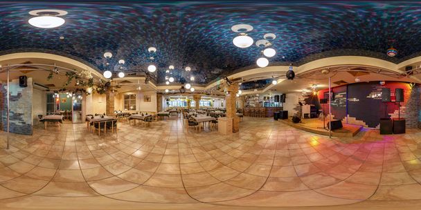 LIDA , BELARUS - MARCH 17, 2012: Inside of the interior of luxury Restaurant. Full 360 degree panorama in equirectangular spherical projection - Фото, зображення