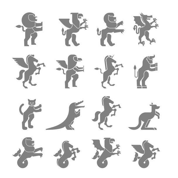 Heraldic animal silhouette set. Hippocampus  and lion. Dragon and wyvern. Fantastic Beast. Monster for coat of arms. Heraldry design element. Pgasus and griffin. leopard, tiger  - Vector, Image