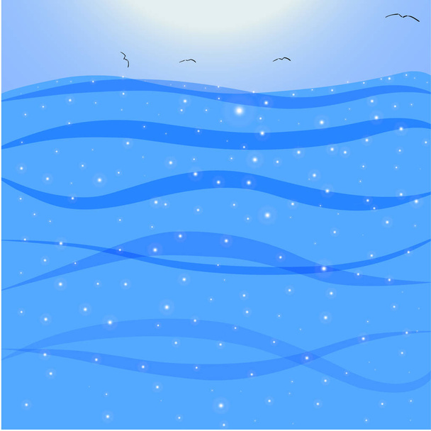 golvende zee in zonnestralen met vogels op de achtergrond - Vector, afbeelding