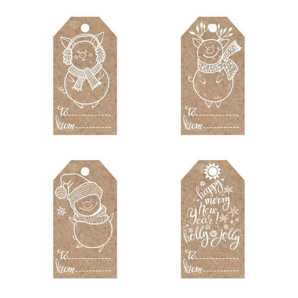 Συλλογή από χαρτί kraft ετικέτες με γλυκό μικρά γουρουνάκια σε Χριστούγεννα - Διάνυσμα, εικόνα