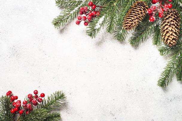 Kerstmis achtergrond met fir tree en kegels op witte pagina - Foto, afbeelding