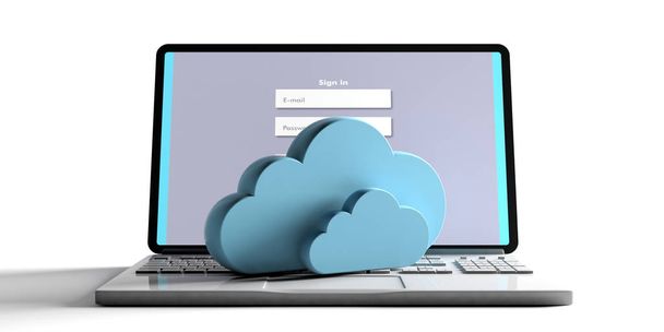 Концепція комп'ютерної хмари, Clouds pn комп'ютерний ноутбук, ізольований на білому тлі, увійти на екран комп'ютера. 3d ілюстрація
 - Фото, зображення