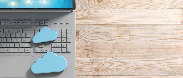 Έννοια, υπολογιστή και μπλε σύννεφα στον ξύλινο υπόβαθρο, banner, αντίγραφο χώρου σύννεφων. 3D απεικόνιση - Φωτογραφία, εικόνα