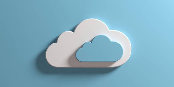 Cloud Computing Konzept. Wolken isoliert auf blauem Wandhintergrund. 3D-Illustration - Foto, Bild