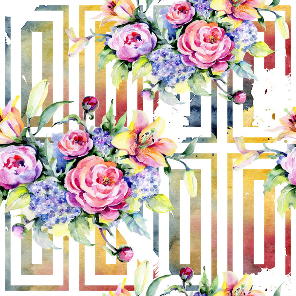Peonies and lily bouquet. Watercolor seamless illustration set for background, texture, pattern, frame or border. - 写真・画像