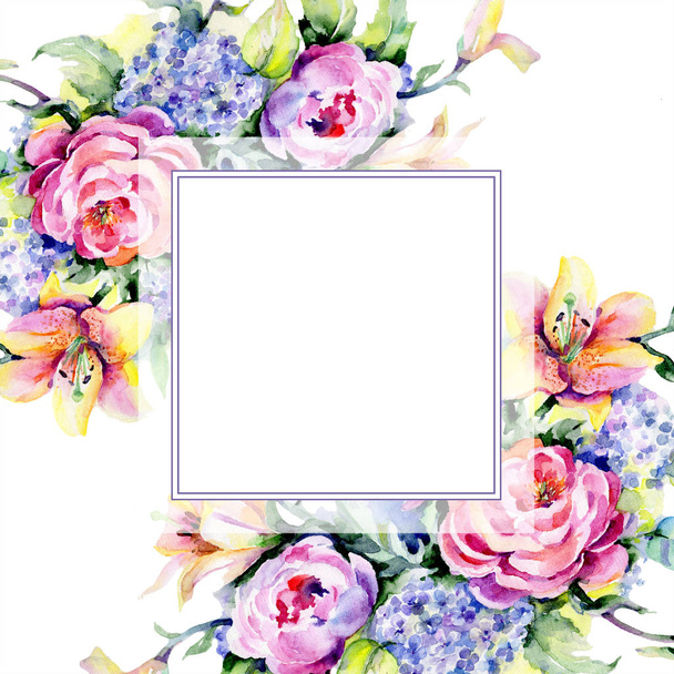 Pfingstrosen und Lilienstrauß. Blütenbotanische Blume. Aquarell Hintergrundillustration Set. Rahmen Rand Ornament Quadrat. - Foto, Bild