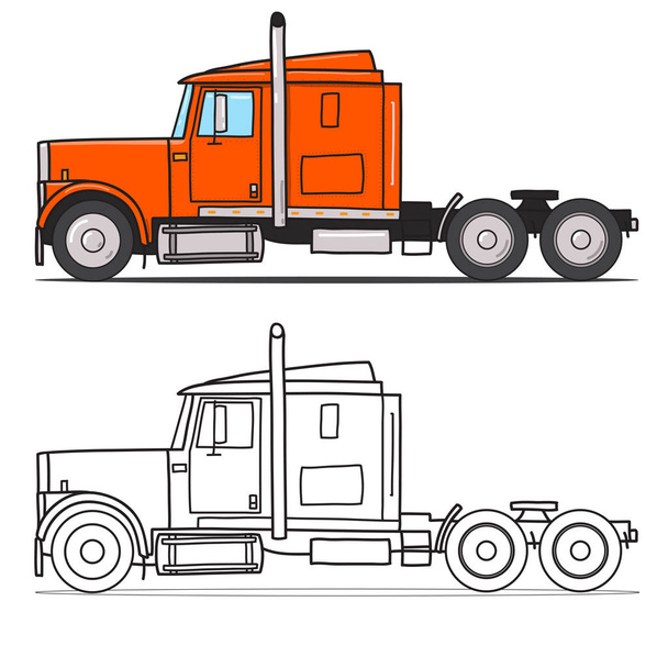 Old semi truck with sleeper towing engine transport. american tractor, side view. Vector doodle illustration. - Διάνυσμα, εικόνα