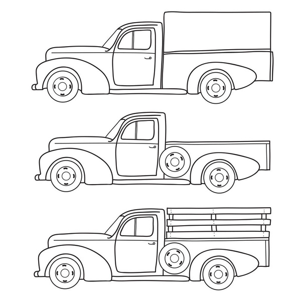 Retro kamyonet kümesi. Vektör doodle çizim - Vektör, Görsel