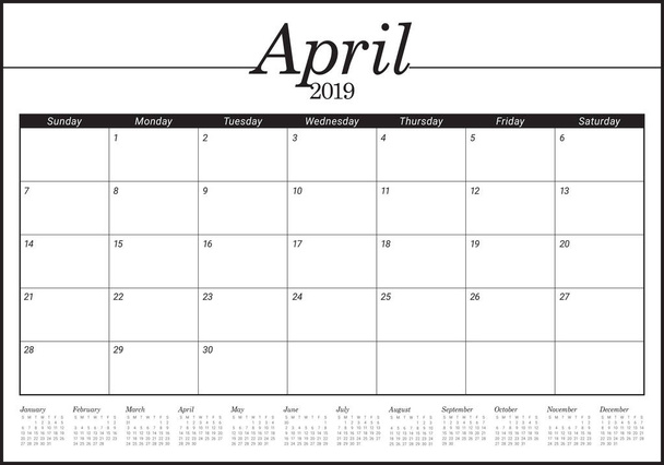 Квітень 2019 настільний календар Векторні ілюстрації, простий і чистий дизайн
. - Вектор, зображення
