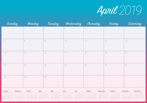 April 2019 desk calendar vector illustration, simple and clean design. - Vector, Image