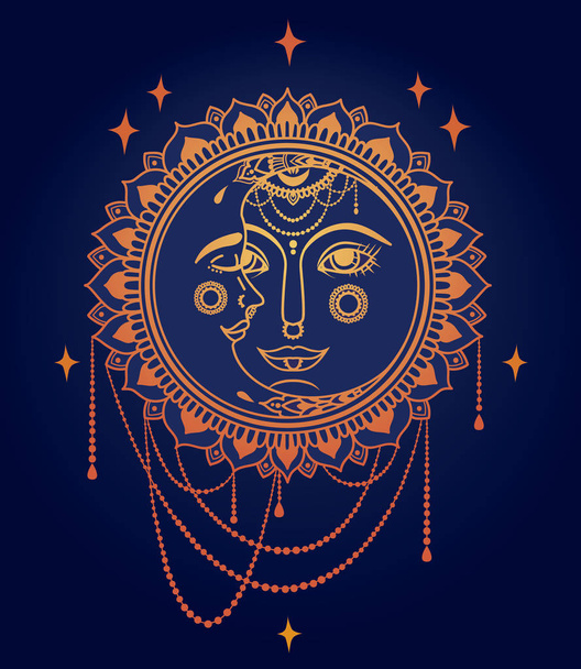 Sun and moon faces and jewels, boho style vector illustration - Vektor, obrázek