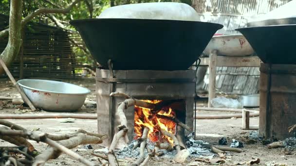 A főzés során a háztartási Faszén és fa kályhák (közelről wok talajmenti nézet) - Felvétel, videó