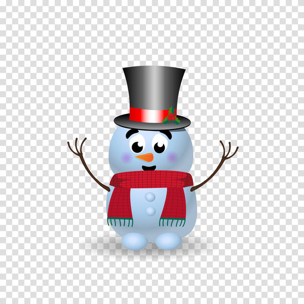 Mignon personnage de dessin animé de bonhomme de neige en chapeau haut de forme et écharpe tricotée rouge avec les mains vers le haut isolé. Illustration vectorielle, icône, signe, symbole, modèle, clip art pour Noël, nouvelle carte de vœux de l'année
. - Vecteur, image