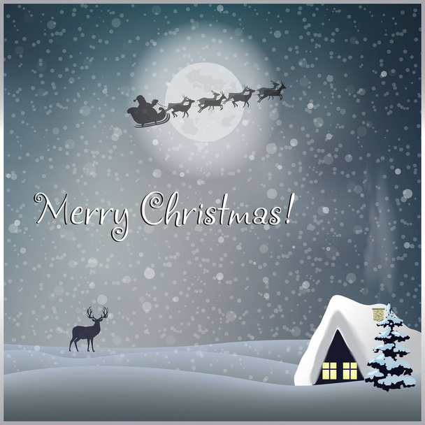Neşeli Noel tebrik kartı sevimli kış karlı gece manzara sahne ile küçük ev, çam ağacı ve geyik ay ışığı ve kar, Noel Baba kızak sürme altında. Vektör çizim, xmas kartpostal - Vektör, Görsel