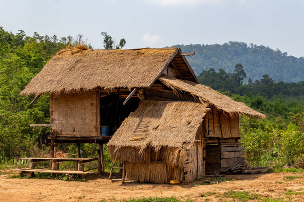 Thakhek, Laos - April 20, 2018: Bamboo house in a remote rural area surrounded by green in Laos - Photo, image