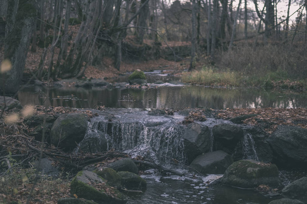 cascata sulle rocce nel torrente fiume nella foresta nel tardo autunno con alberi nudi e colori grigi in natura - vintage look vecchio film
 - Foto, immagini