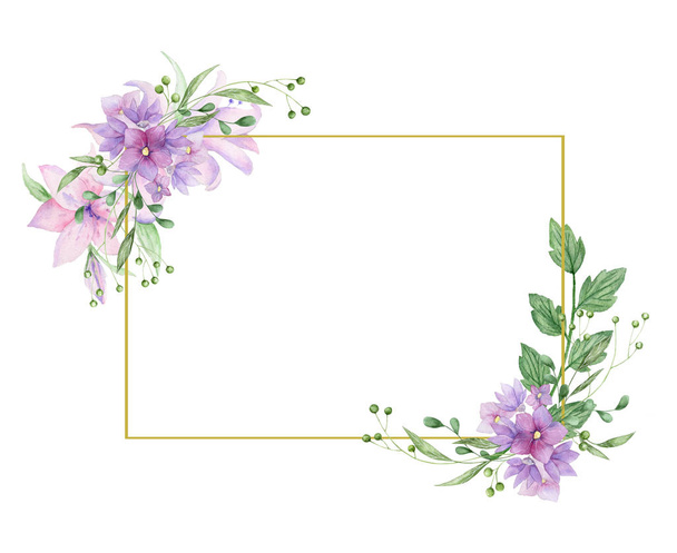 Floral frame with pink roses and decorative leaves. Watercolor Invitation design. Background to save the date. Greeting cards with pink flowers gold polygonal frame - Φωτογραφία, εικόνα