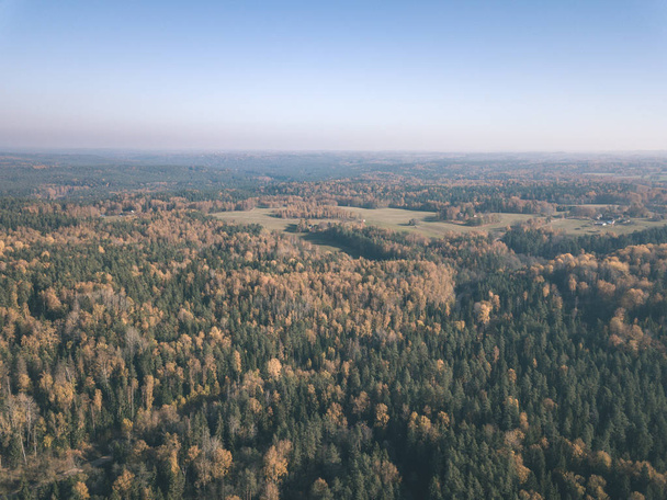 κηφήνας εικόνα. Αεροφωτογραφία της αγροτικής περιοχής με τα χωράφια και δάση σε συννεφιά ημέρα του φθινοπώρου με κίτρινο χρώμα πτώση δέντρων την ημέρα. Λετονία - vintage εμφάνιση παλιά ταινία - Φωτογραφία, εικόνα