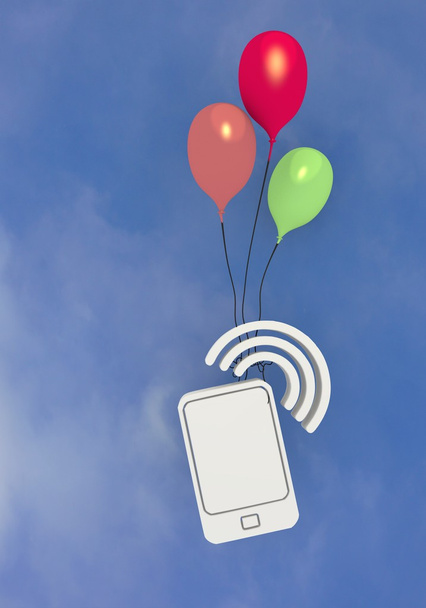 Three colourful ballons with smartphone flying in the sky - Fotoğraf, Görsel