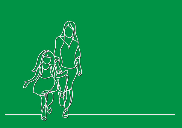 one line drawing of mother and daughter walking together - Vektör, Görsel