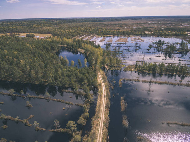 drone image. aerial view of rural area with fields and forests and water reflections in river in cloudy spring day. latvia - vintage old film look - Photo, Image