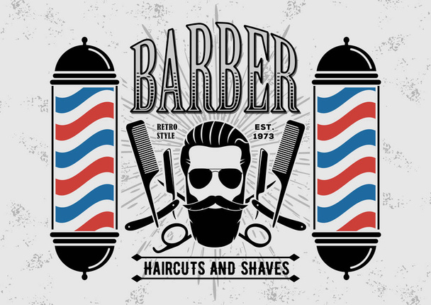 Cartaz de barbearia, banner, rótulo, crachá ou emblema em fundo cinza com poste de barbeiro em estilo vintage
.  - Vetor, Imagem