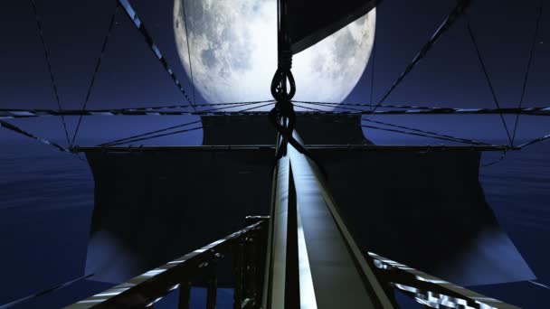 Παλιό πλοίο επιπλέουν στη θάλασσα σε full moon 4k - Πλάνα, βίντεο