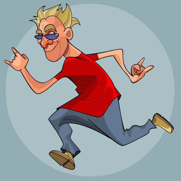 Cartoon slyly smiling man in sunglasses quickly runs. Side view - Vecteur, image